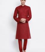 Men Maroon Solid Cotton Straight Kurta with Pyjama