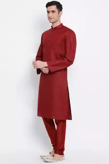 Men Maroon Solid Cotton Straight Kurta with Pyjama