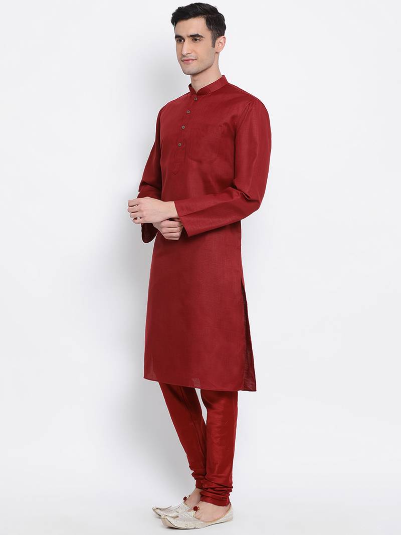 Men Maroon Solid Cotton Straight Kurta with Pyjama