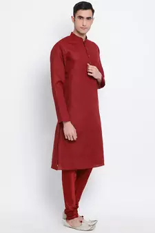 Men Maroon Solid Cotton Straight Kurta with Pyjama