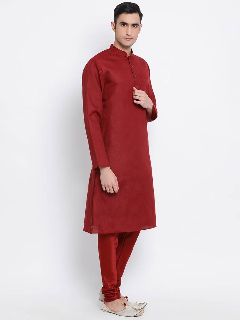 Men Maroon Solid Cotton Straight Kurta with Pyjama