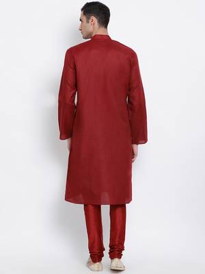 Men Maroon Solid Cotton Straight Kurta with Pyjama 4