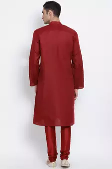 Men Maroon Solid Cotton Straight Kurta with Pyjama