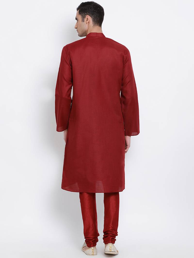 Men Maroon Solid Cotton Straight Kurta with Pyjama