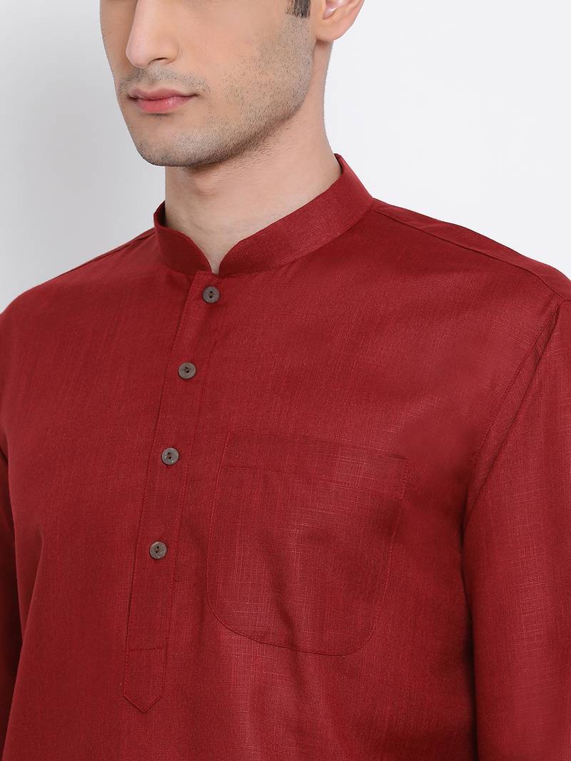Men Maroon Solid Cotton Straight Kurta with Pyjama