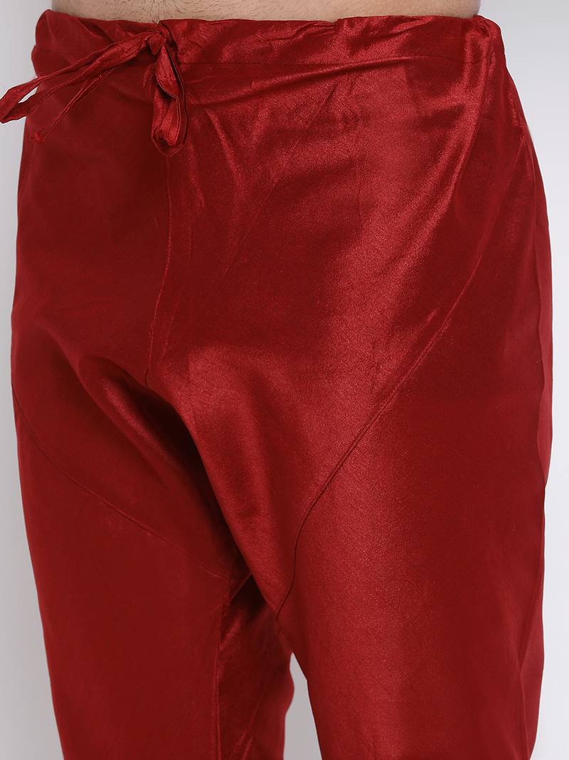 Men Maroon Solid Cotton Straight Kurta with Pyjama