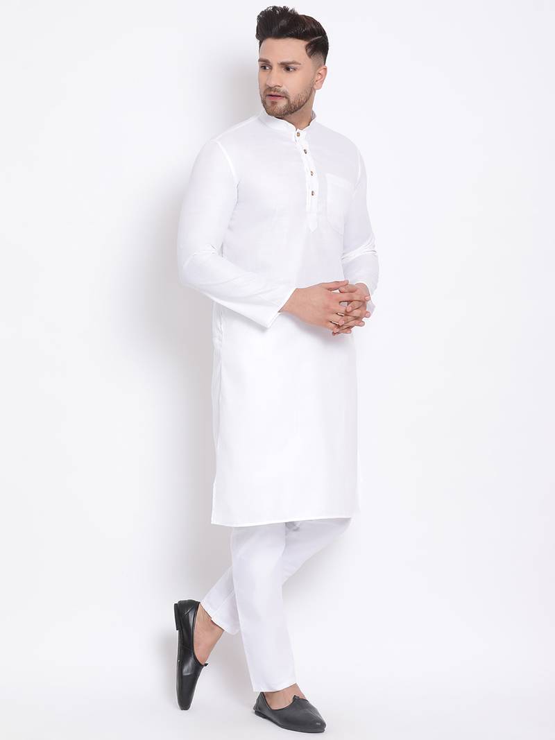 Men's Cotton Solid Off White Colour Straight Kurta With Payjama