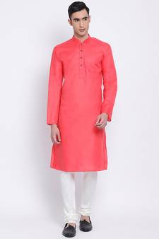 Men Pink & Off White Solid Cotton Straight Kurta with Pyjama