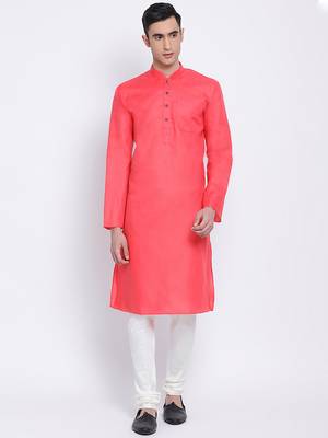 Men Pink & Off White Solid Cotton Straight Kurta with Pyjama 1