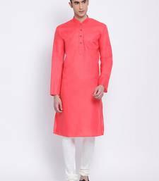 Men Pink & Off White Solid Cotton Straight Kurta with Pyjama