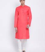 Men Pink & Off White Solid Cotton Straight Kurta with Pyjama