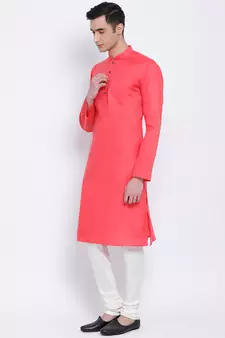 Men Pink & Off White Solid Cotton Straight Kurta with Pyjama