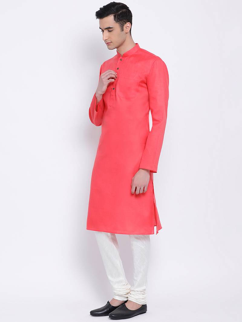 Men Pink & Off White Solid Cotton Straight Kurta with Pyjama