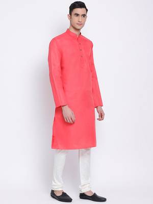 Men Pink & Off White Solid Cotton Straight Kurta with Pyjama 3