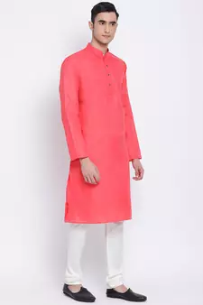 Men Pink & Off White Solid Cotton Straight Kurta with Pyjama