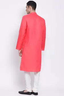 Men Pink & Off White Solid Cotton Straight Kurta with Pyjama