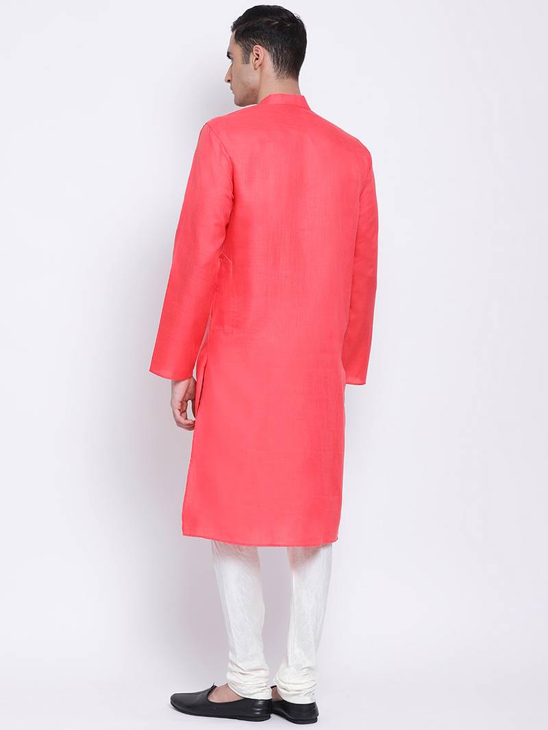 Men Pink & Off White Solid Cotton Straight Kurta with Pyjama