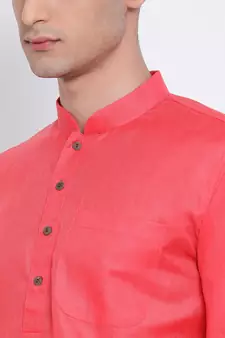 Men Pink & Off White Solid Cotton Straight Kurta with Pyjama