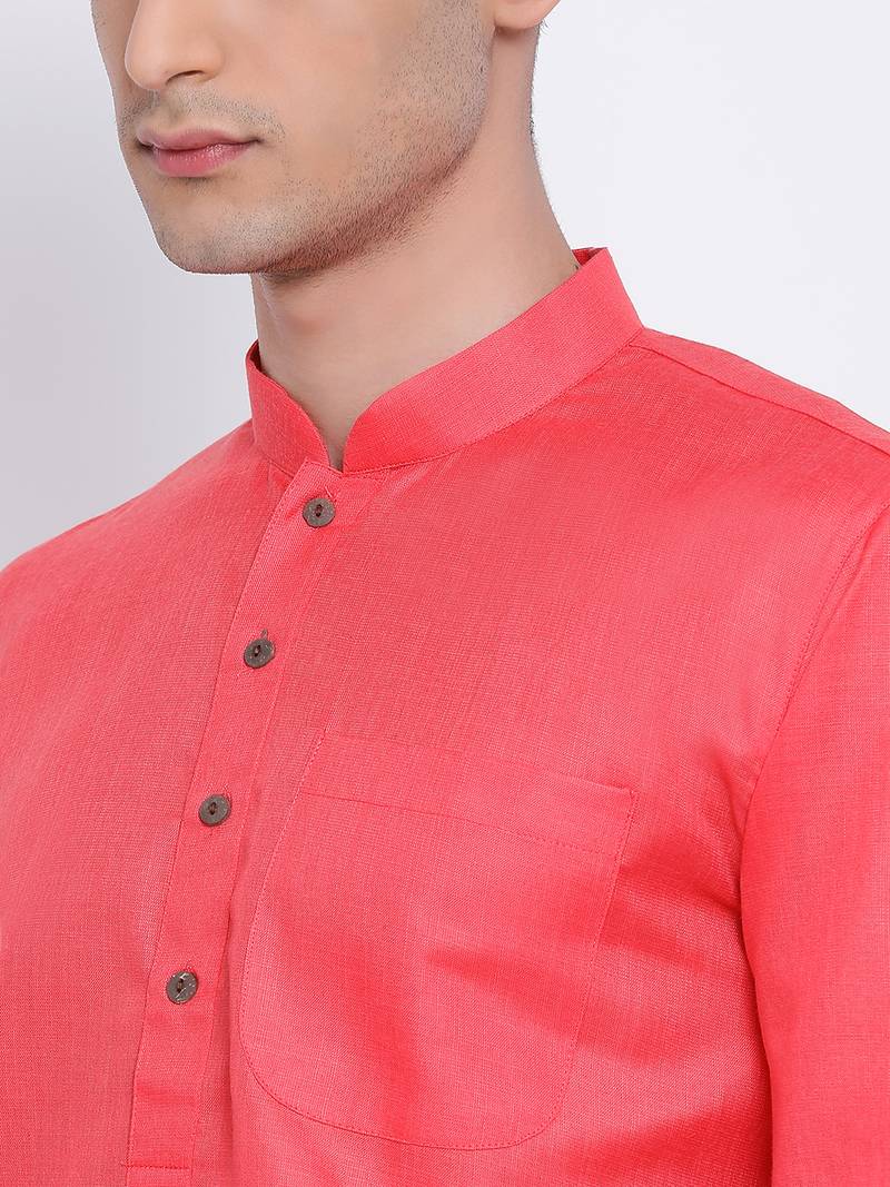 Men Pink & Off White Solid Cotton Straight Kurta with Pyjama