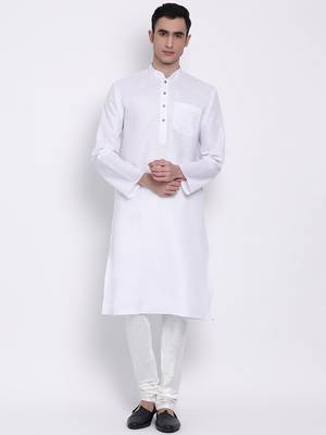 Men White Solid Cotton Straight Kurta with Pyjama 1