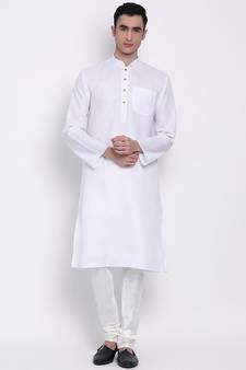Men White Solid Cotton Straight Kurta with Pyjama