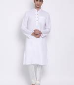 Men White Solid Cotton Straight Kurta with Pyjama