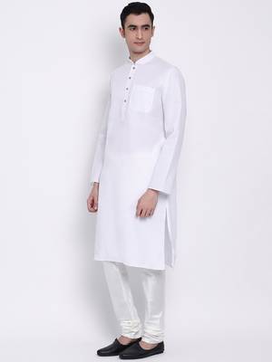 Men White Solid Cotton Straight Kurta with Pyjama 2