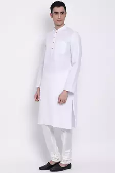 Men White Solid Cotton Straight Kurta with Pyjama