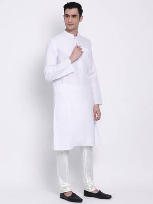 Men White Solid Cotton Straight Kurta with Pyjama 3