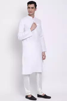 Men White Solid Cotton Straight Kurta with Pyjama
