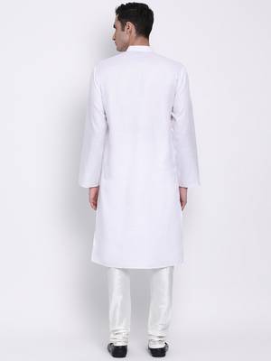 Men White Solid Cotton Straight Kurta with Pyjama 4