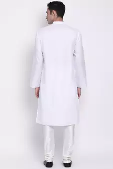 Men White Solid Cotton Straight Kurta with Pyjama