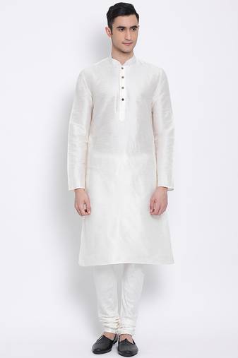 Men Cream Solid Straight Kurta with Pyjama