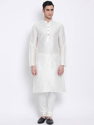 Men Cream Solid Straight Kurta with Pyjama 1