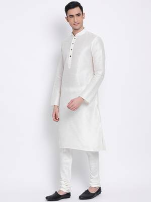 Men Cream Solid Straight Kurta with Pyjama 2