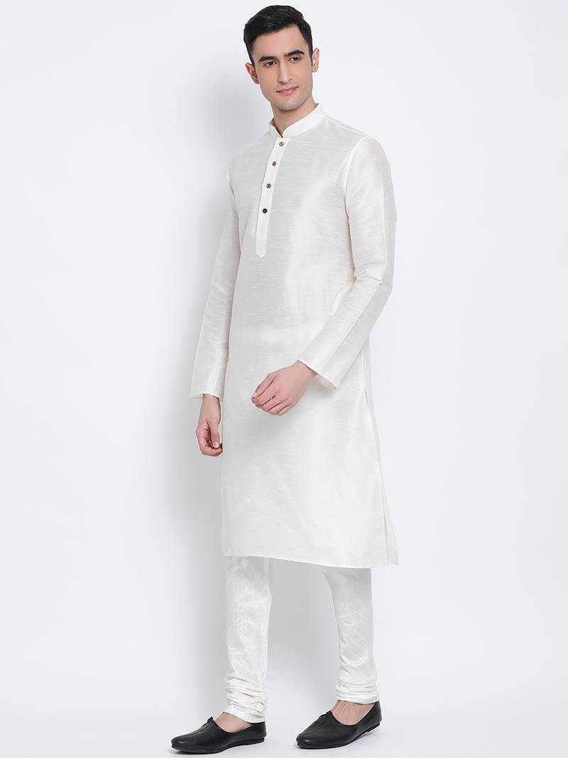 Men Cream Solid Straight Kurta with Pyjama