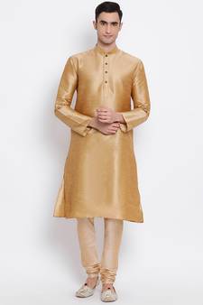 Men Deep Beige Solid Straight Kurta with Pyjama