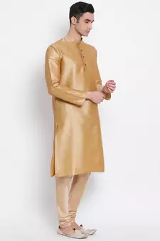 Men Deep Beige Solid Straight Kurta with Pyjama