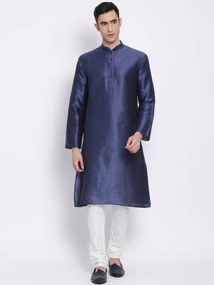 Men Deep Blue & Off White Solid Straight Kurta with Pyjama 1