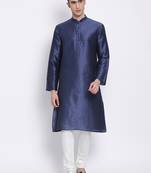 Men Deep Blue & Off White Solid Straight Kurta with Pyjama