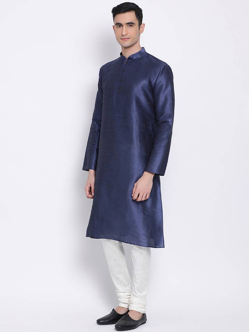 Men Deep Blue & Off White Solid Straight Kurta with Pyjama