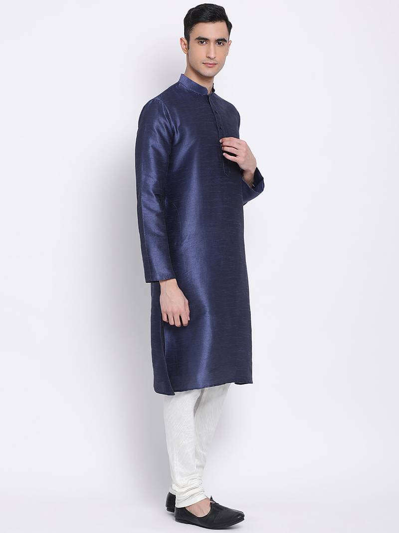 Men Deep Blue & Off White Solid Straight Kurta with Pyjama