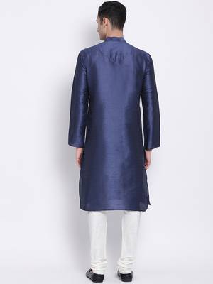 Men Deep Blue & Off White Solid Straight Kurta with Pyjama 4