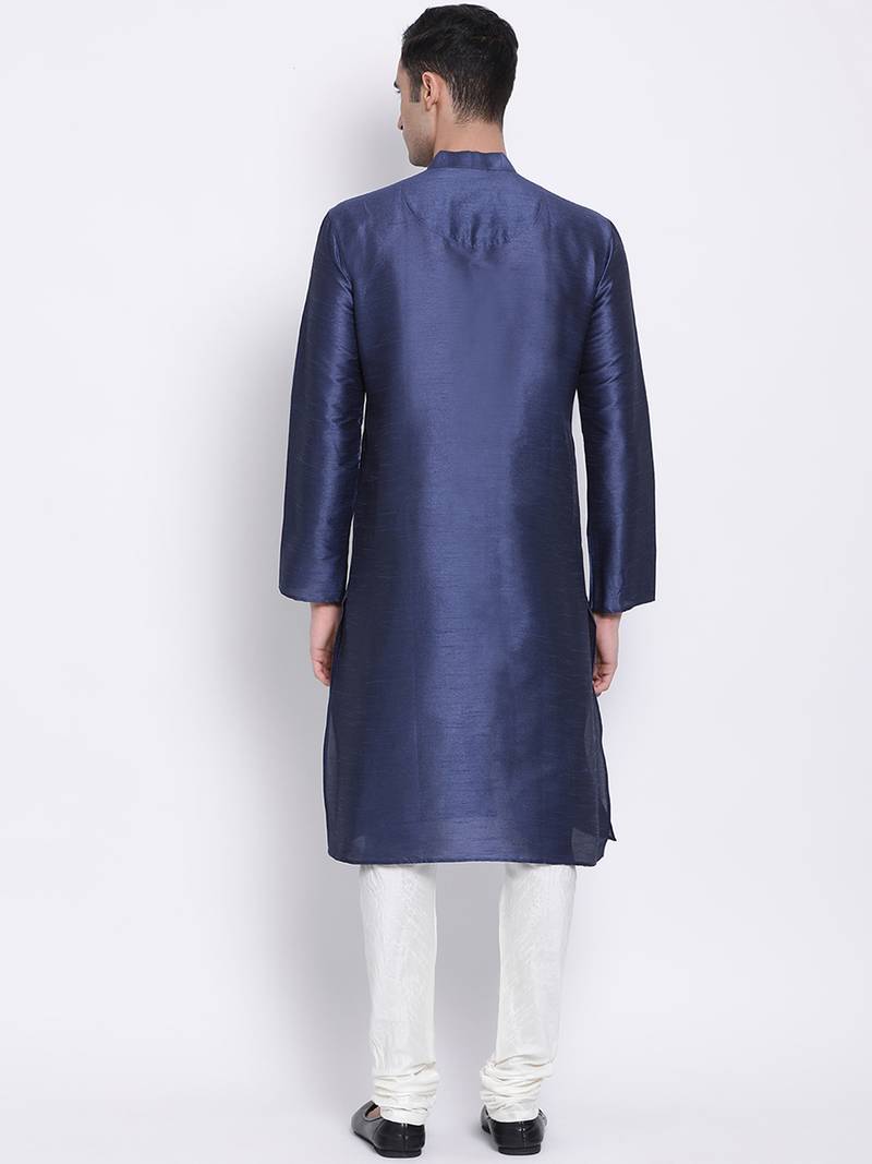 Men Deep Blue & Off White Solid Straight Kurta with Pyjama
