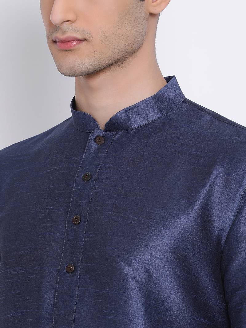 Men Deep Blue & Off White Solid Straight Kurta with Pyjama