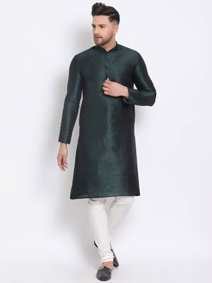 Men's Art Silk Solid Fourleaf Green Colour Straight Kurta With Payjama 1