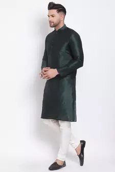 Men's Art Silk Solid Fourleaf Green Colour Straight Kurta With Payjama