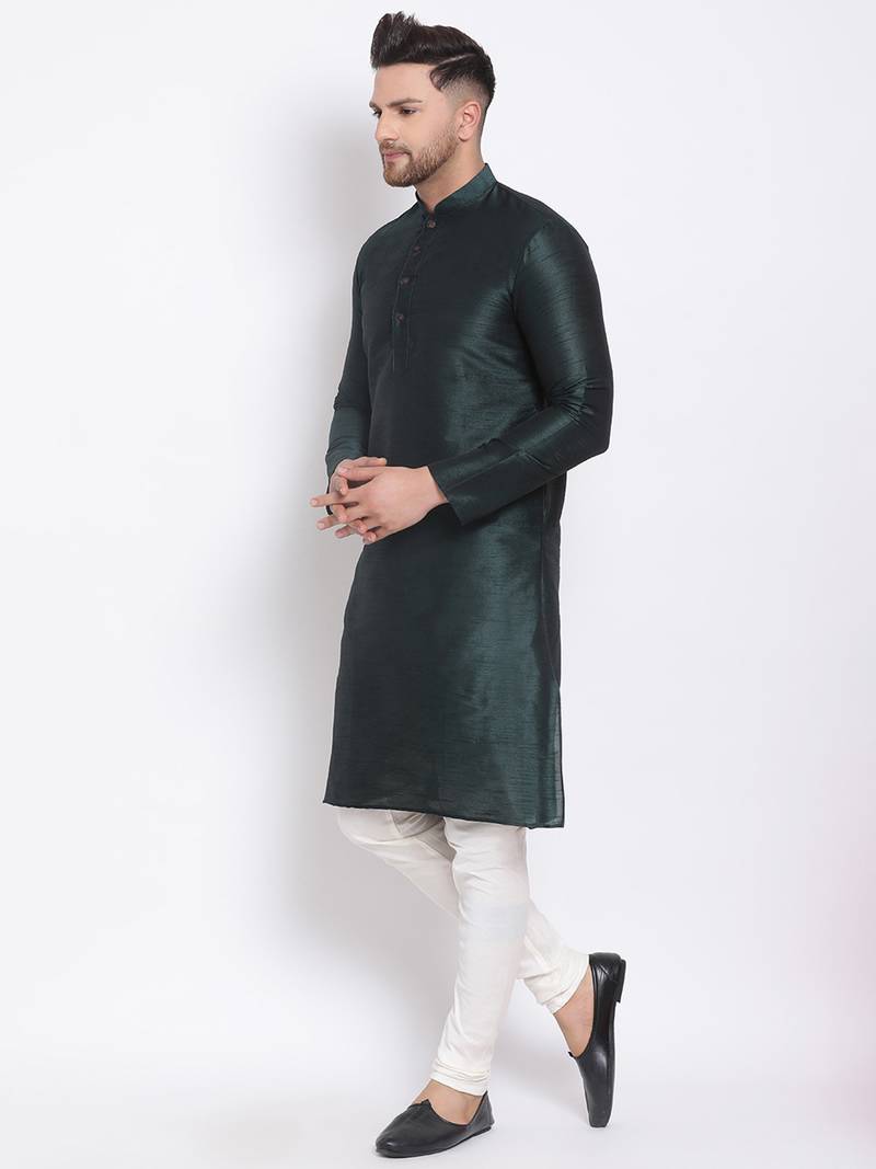 Men's Art Silk Solid Fourleaf Green Colour Straight Kurta With Payjama