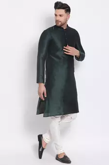 Men's Art Silk Solid Fourleaf Green Colour Straight Kurta With Payjama