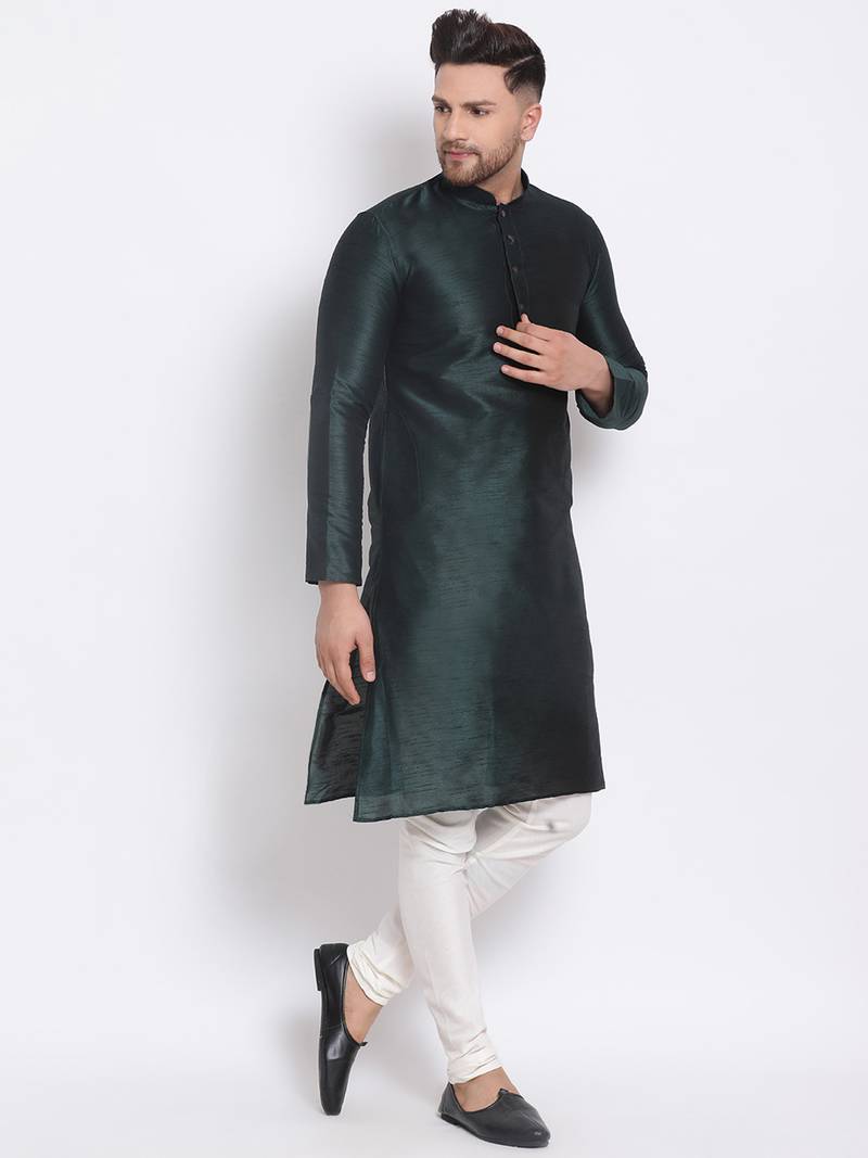 Men's Art Silk Solid Fourleaf Green Colour Straight Kurta With Payjama